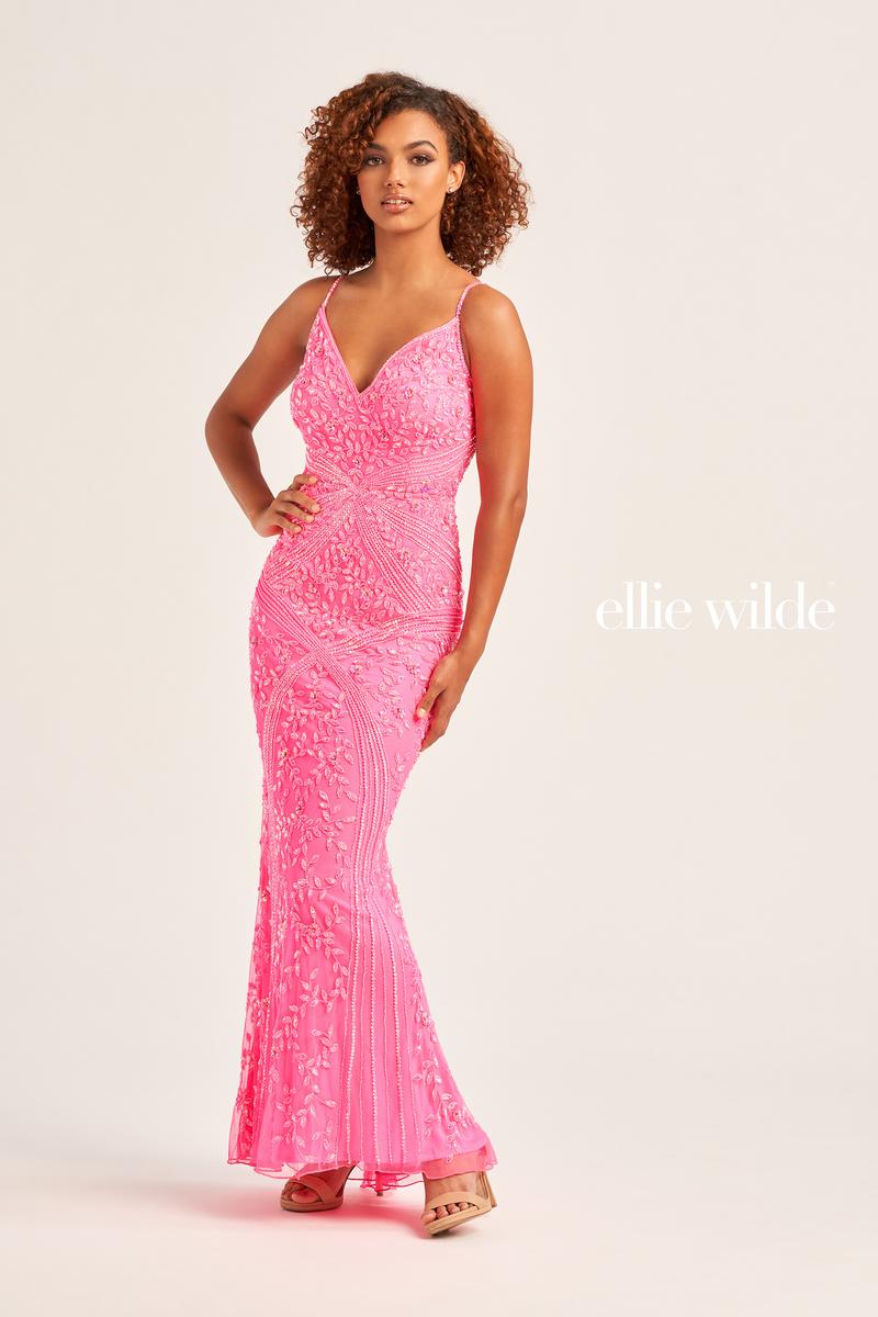 Ellie Wilde EW35065 Pink V-Neck Fit and Flare Gown Ellie Wilde EW35065 Pink V-Neck Fit and Flare Gown
