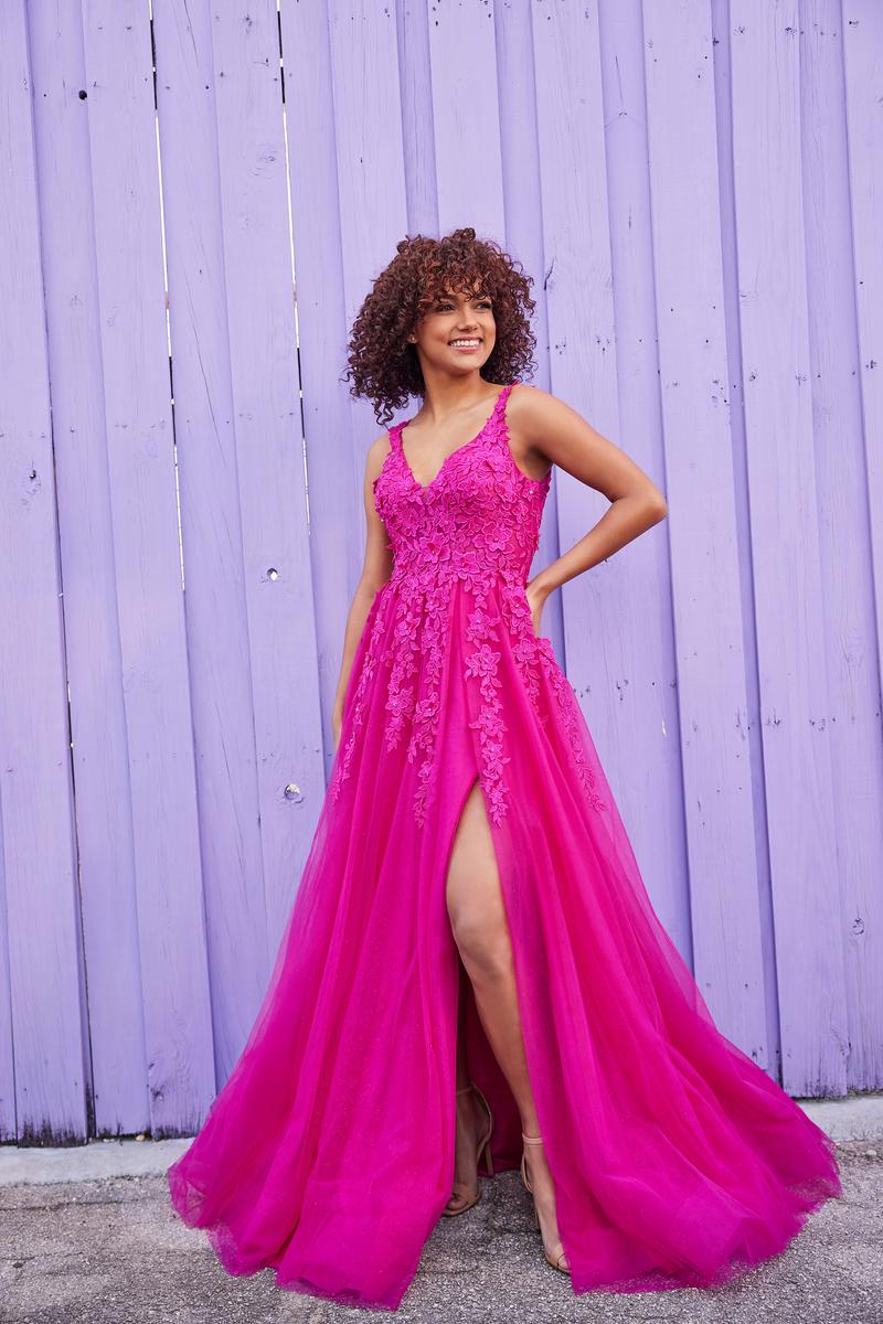 Ellie Wilde EW35121 V-Neck Long A-Line Dress with Slit