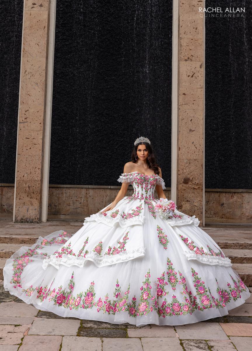 Rachel Allan RQ5015 Off-Shoulder Ballgown with Floral Embroidery 16 / White Fuchsia
