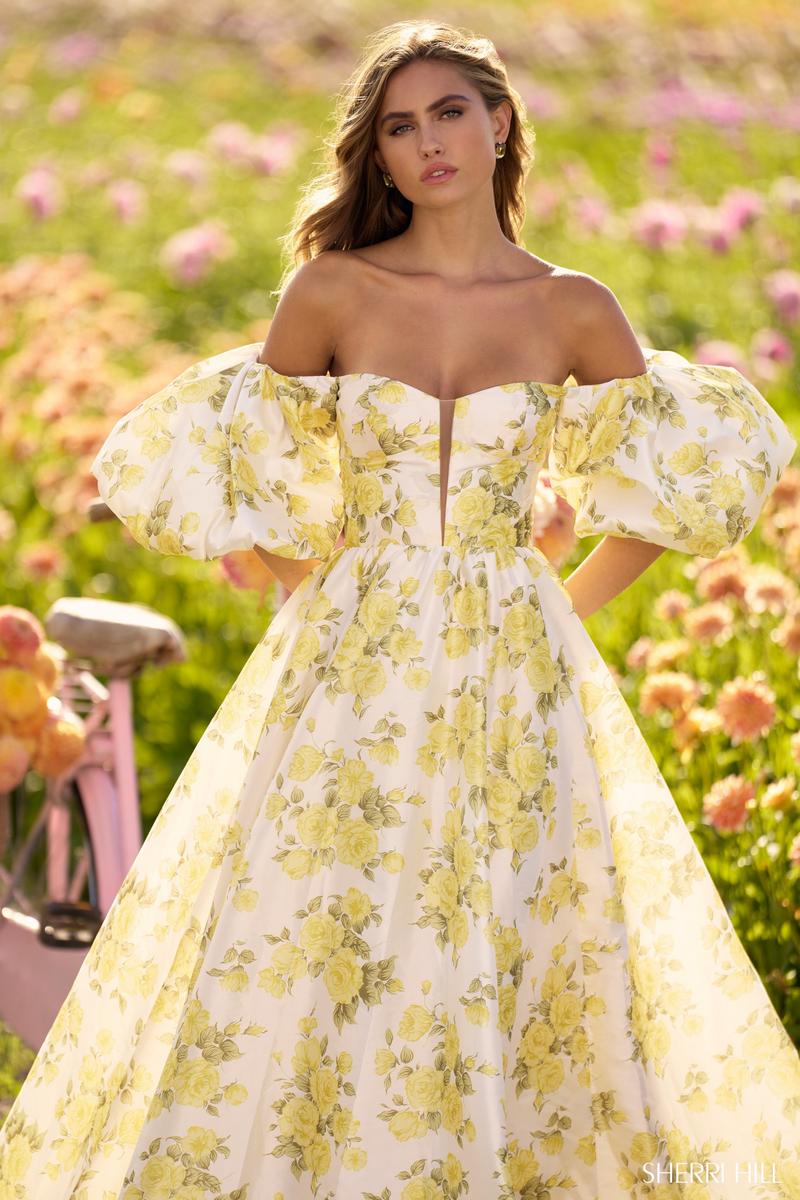 Sherri Hill Dress 56379 - Off-Shoulder Floral A-Line Gown