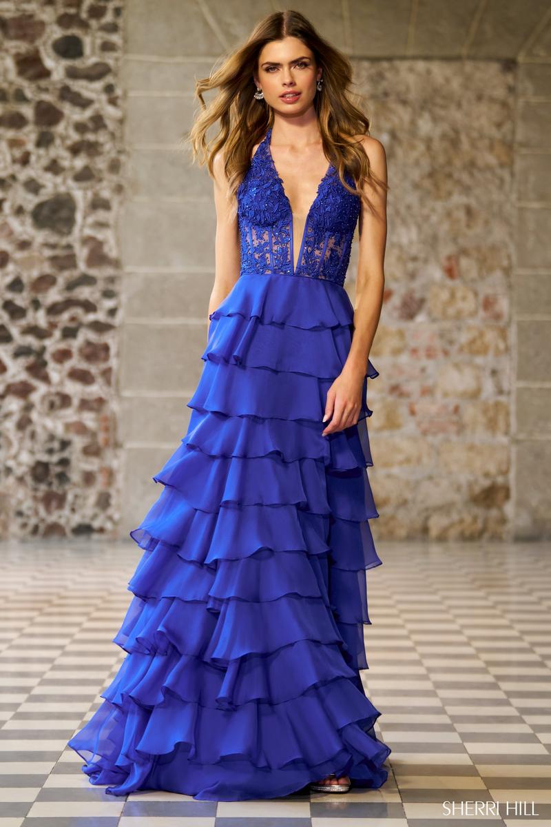 Sherri Hill Dress 56656 - Plunging V-Neck, High-Low Ruffled A-Line Sherri Hill Dress 56656 - Plunging V-Neck, High-Low Ruffled A-Line