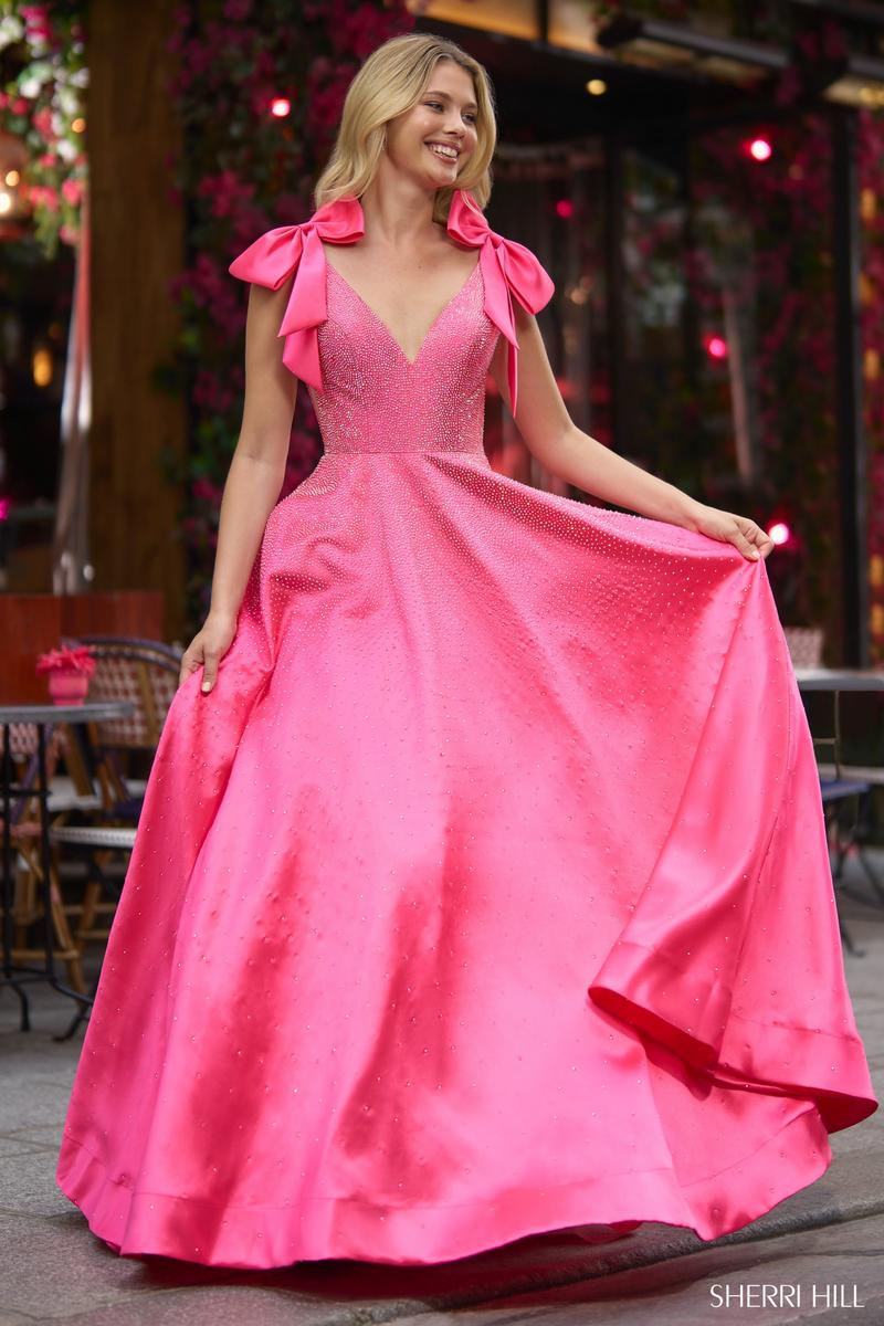 Sherri Hill Dress 56929 - V-Neck Long A-Line Gown with Bow Straps normansbridal Sherri Hill Dress 56929 - V-Neck Long A-Line Gown with Bow Straps normansbridal