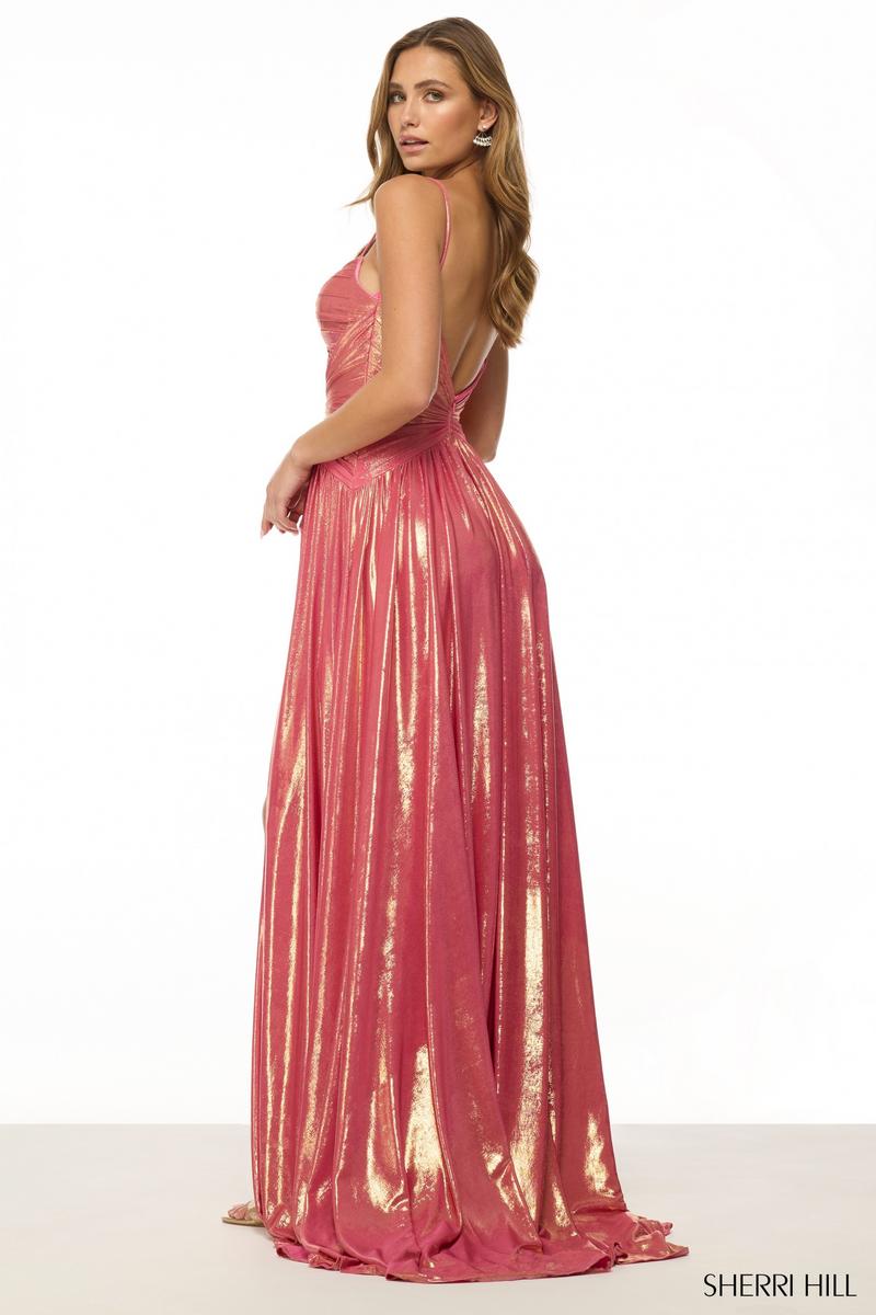 Sherri Hill Dress 57167 – Metallic Spaghetti Strap Gown with Twist Bodice