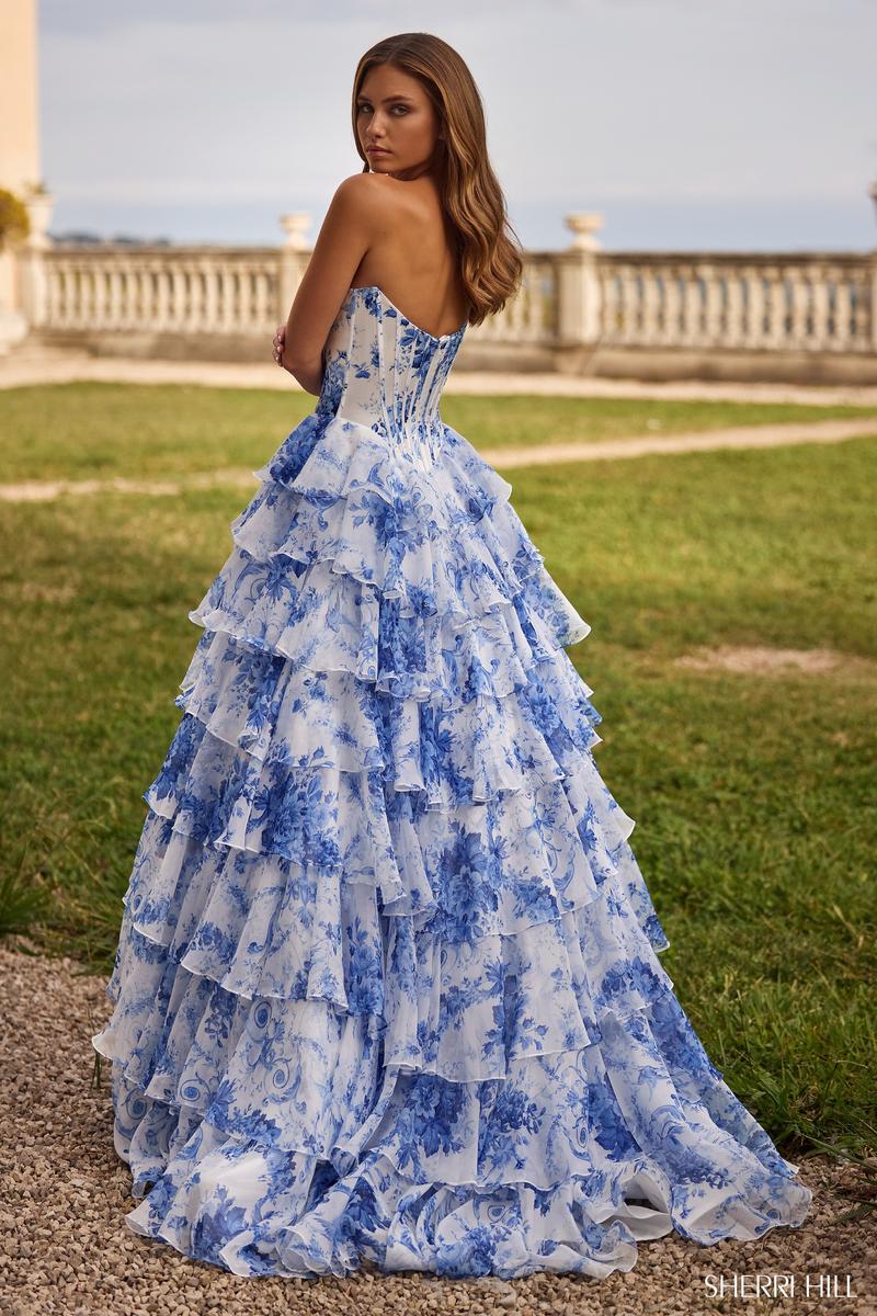 Sherri Hill Dress 57250 14 / ivory/blue print
