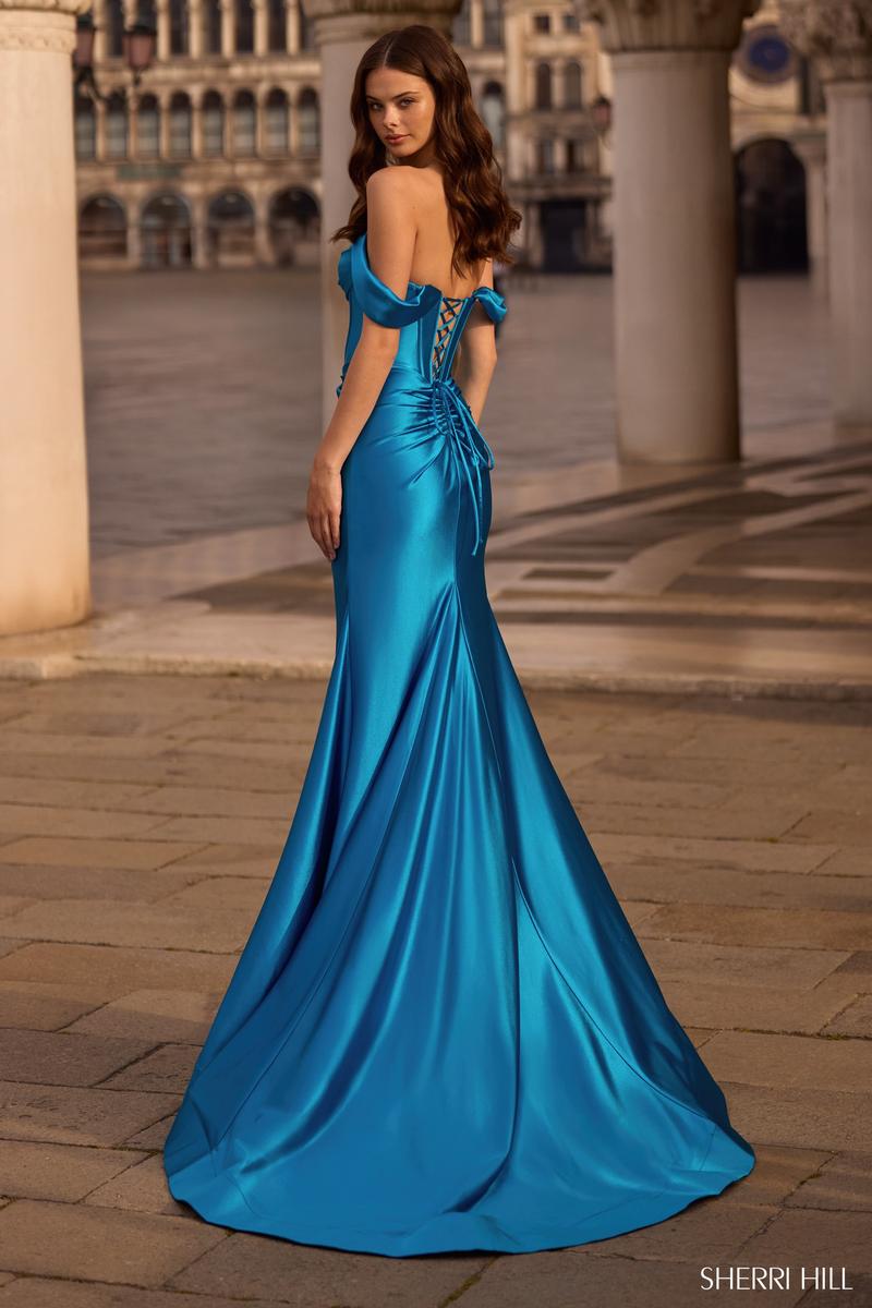 Sherri Hill Dress 57454 Off-Shoulder Satin Fit and Flare Gown Sherri Hill Dress 57454 Off-Shoulder Satin Fit and Flare Gown