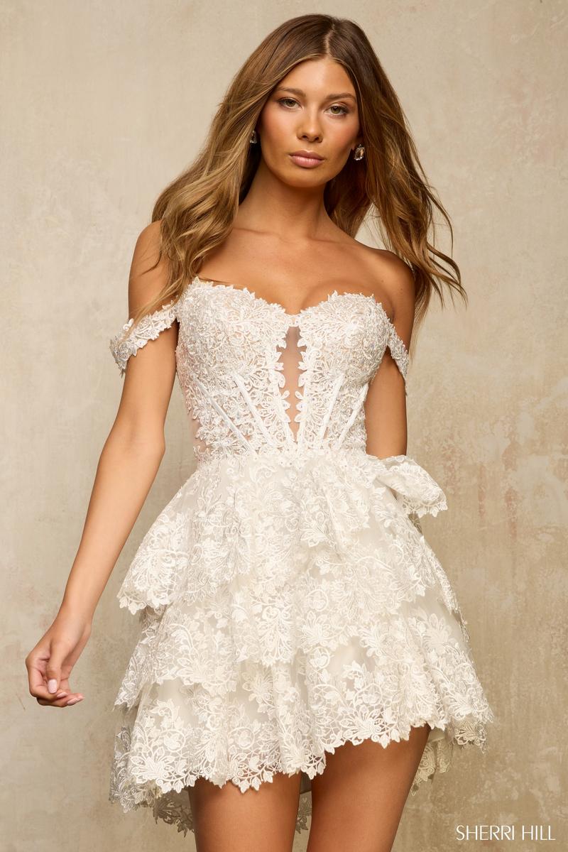 knee length dresses for ladies Adrianna Papell Off-Shoulder Lace Ruffle Gown