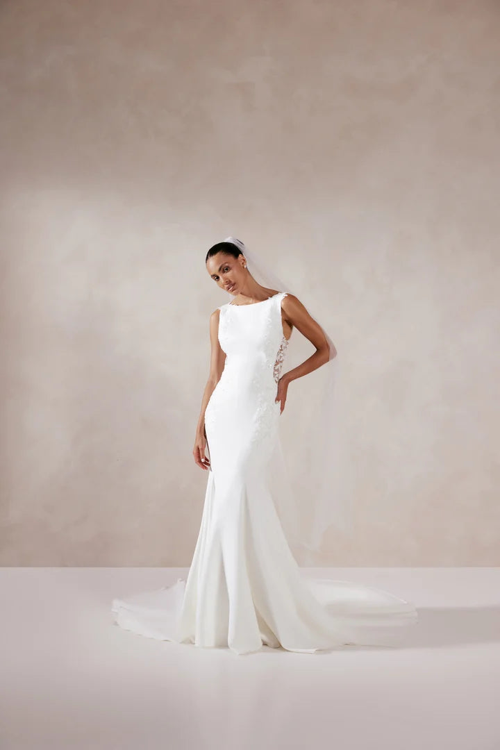 33268 - Modern Fit-and-Flare Bridal Gown with Lace Accents