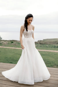 33668 - Sparkling Organza A-Line Gown with Square Neckline and Low Scoop Back