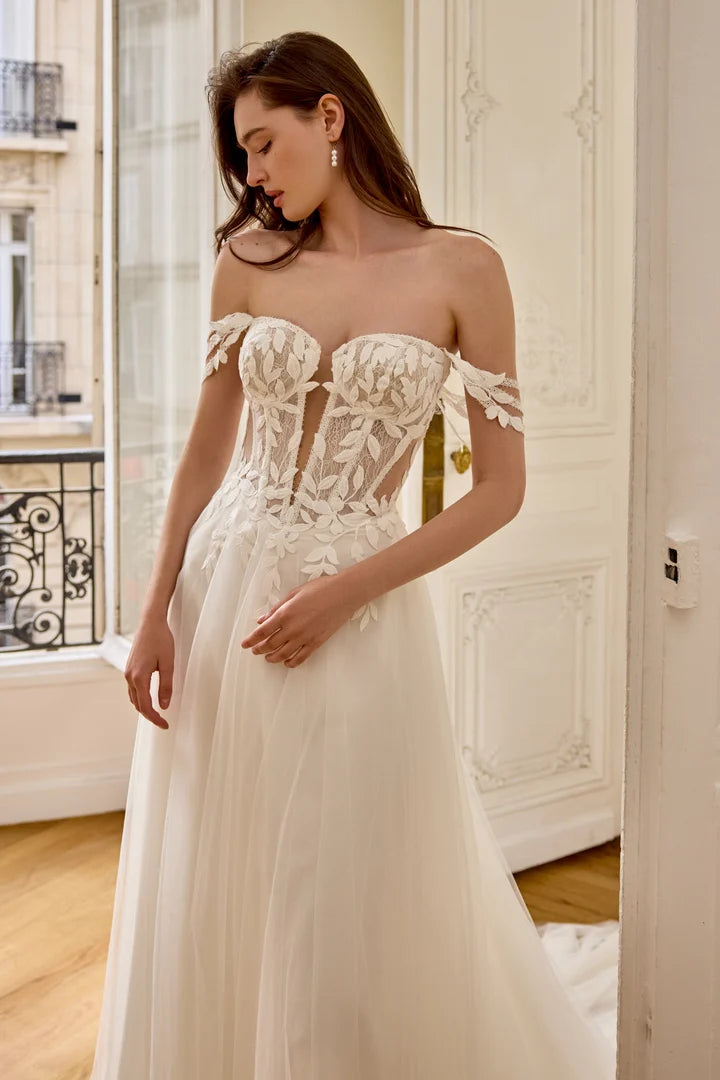 34864-Tulle A-Line Gown with Sweetheart Neckline and Matte Lace Appliqués