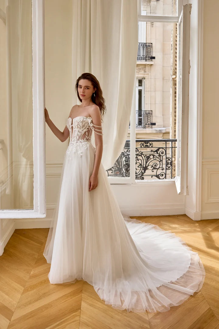 34864-Tulle A-Line Gown with Sweetheart Neckline and Matte Lace Appliqués