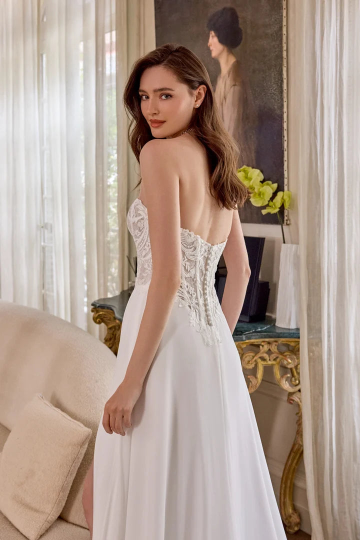 34865-Chiffon A-Line Gown with Sequined Lace Appliqués and Basque Waistline