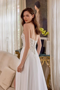 34865-Chiffon A-Line Gown with Sequined Lace Appliqués and Basque Waistline
