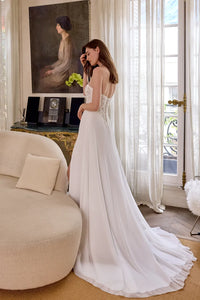 34865-Chiffon A-Line Gown with Sequined Lace Appliqués and Basque Waistline