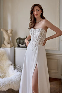 34865-Chiffon A-Line Gown with Sequined Lace Appliqués and Basque Waistline