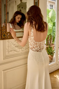 34866-Stretch Crepe Fit & Flare with Sparkling Lace Appliqués Wedding Gown