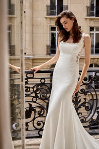 34866-Stretch Crepe Fit & Flare with Sparkling Lace Appliqués Wedding Gown