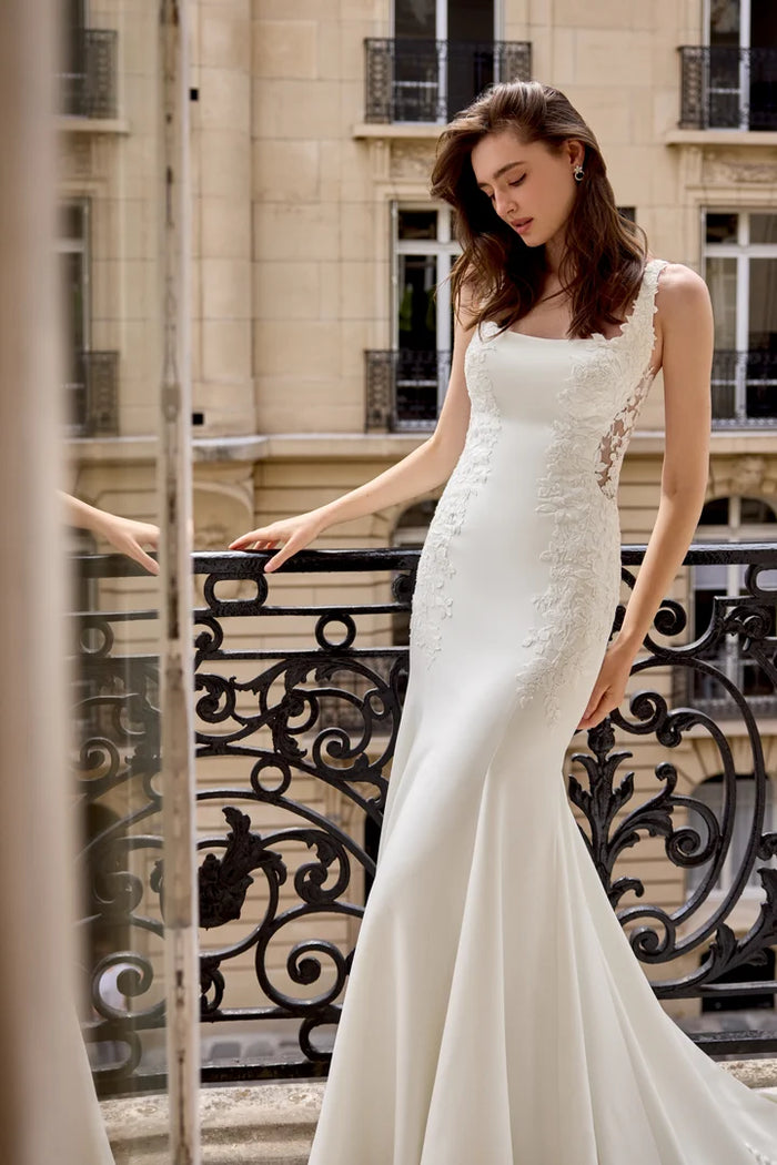 34866-Stretch Crepe Fit & Flare with Sparkling Lace Appliqués Wedding Gown