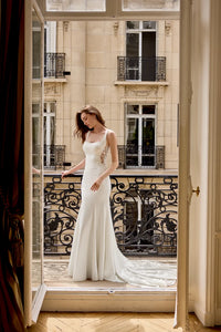 34866-Stretch Crepe Fit & Flare with Sparkling Lace Appliqués Wedding Gown