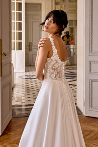 34867-Chiffon A-Line with Square Neckline and Sparkling Lace Appliqués