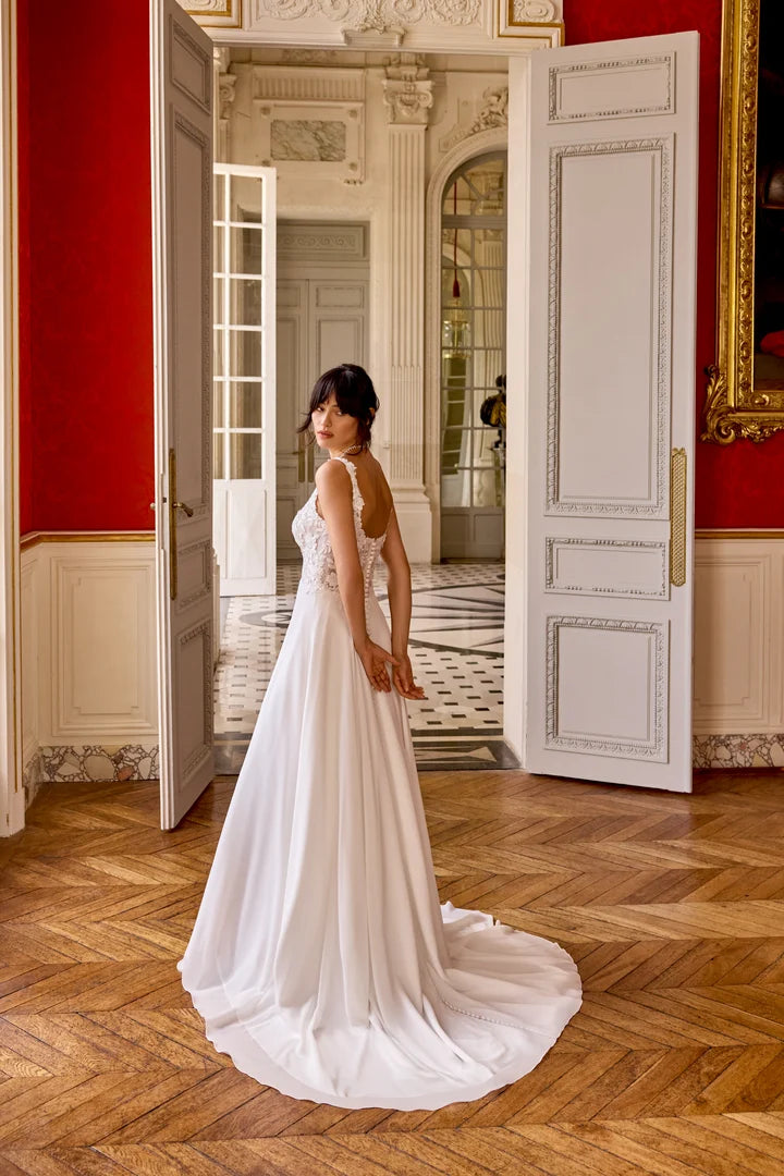34867-Chiffon A-Line with Square Neckline and Sparkling Lace Appliqués