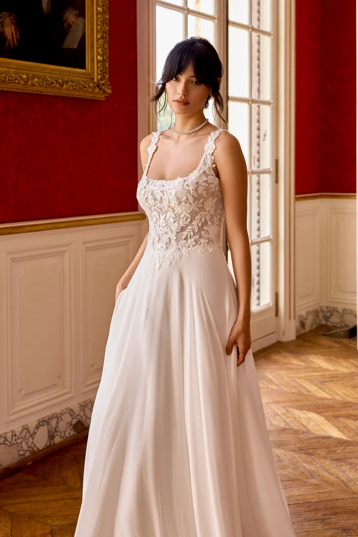 34867-Chiffon A-Line with Square Neckline and Sparkling Lace Appliqués