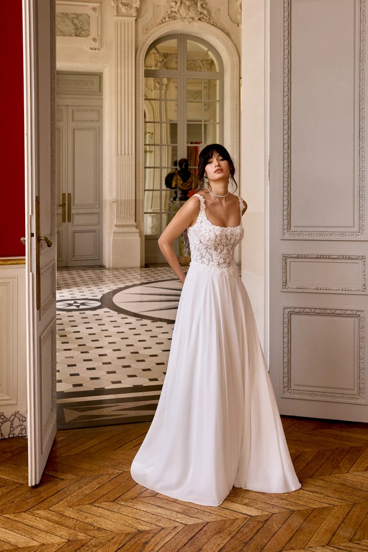 34867-Chiffon A-Line with Square Neckline and Sparkling Lace Appliqués