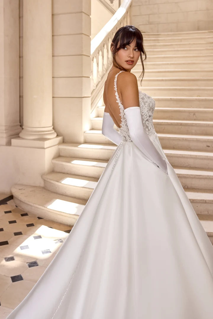 34868-Mikado A-Line with Scoop Neckline and Matte Lace Appliqués on Bodice