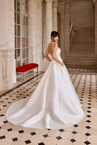 34868-Mikado A-Line with Scoop Neckline and Matte Lace Appliqués on Bodice