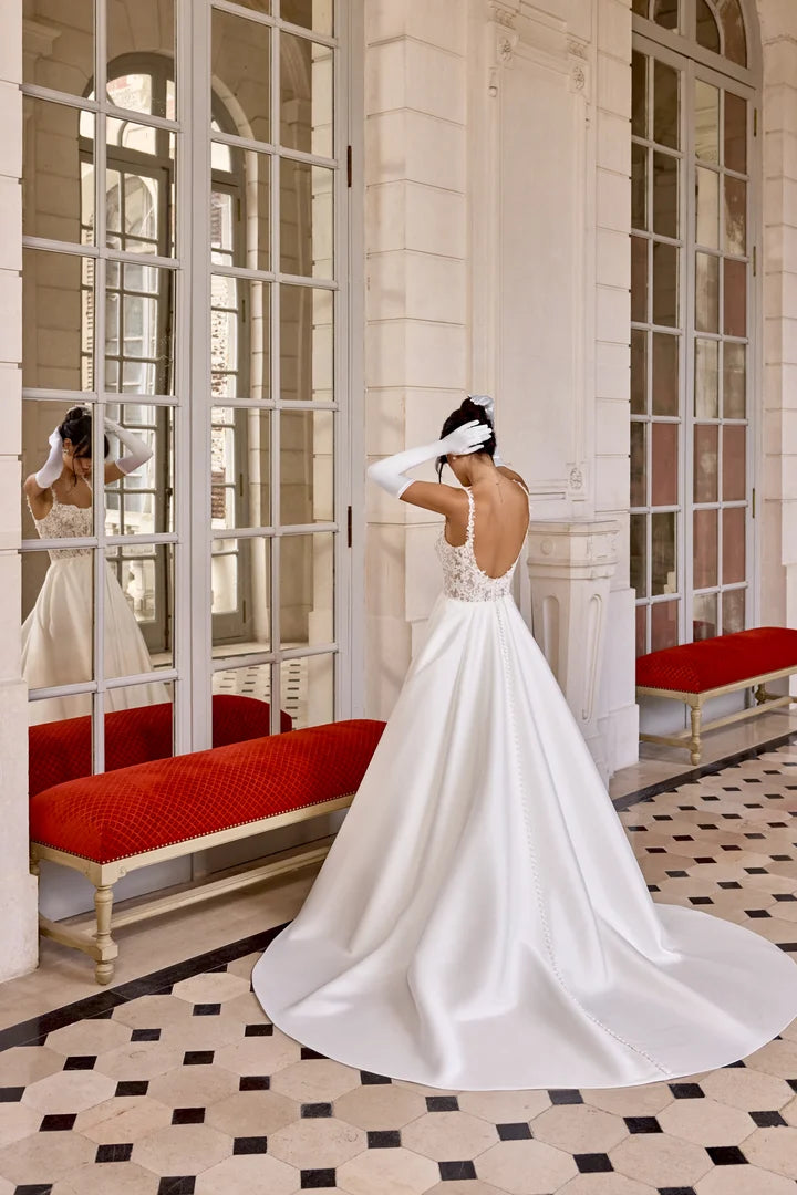 34868-Mikado A-Line with Scoop Neckline and Matte Lace Appliqués on Bodice
