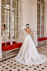 34868-Mikado A-Line with Scoop Neckline and Matte Lace Appliqués on Bodice