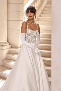 34868-Mikado A-Line with Scoop Neckline and Matte Lace Appliqués on Bodice