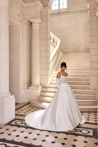 34868-Mikado A-Line with Scoop Neckline and Matte Lace Appliqués on Bodice