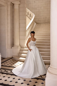 34868-Mikado A-Line with Scoop Neckline and Matte Lace Appliqués on Bodice