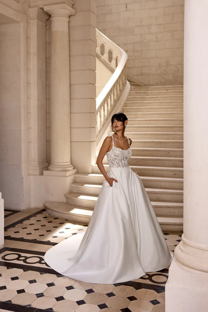 34868-Mikado A-Line with Scoop Neckline and Matte Lace Appliqués on Bodice