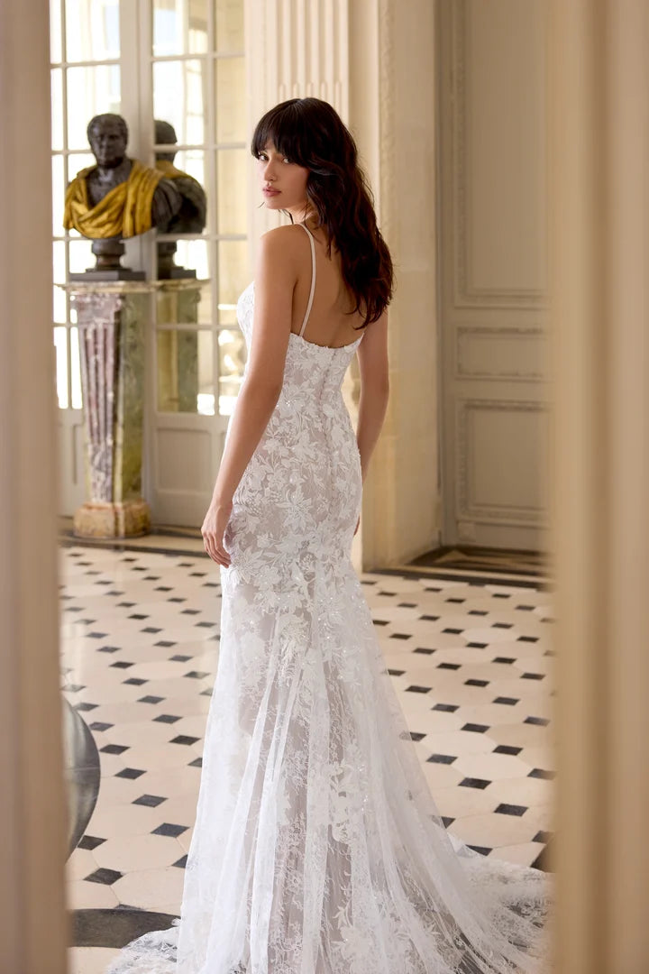 34869-Allover Lace Fit and Flare with Scalloped Lace Chapel Length Train