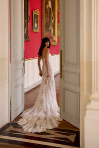 34869-Allover Lace Fit and Flare with Scalloped Lace Chapel Length Train