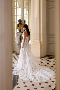 34869-Allover Lace Fit and Flare with Scalloped Lace Chapel Length Train