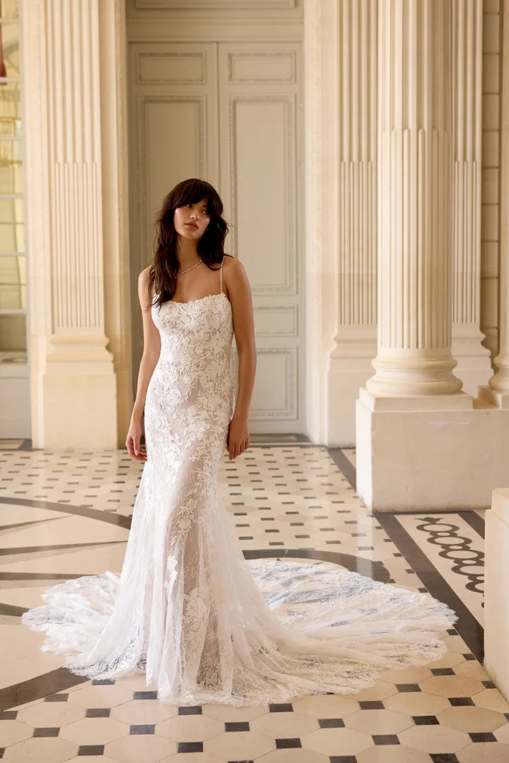 34869-Allover Lace Fit and Flare with Scalloped Lace Chapel Length Train