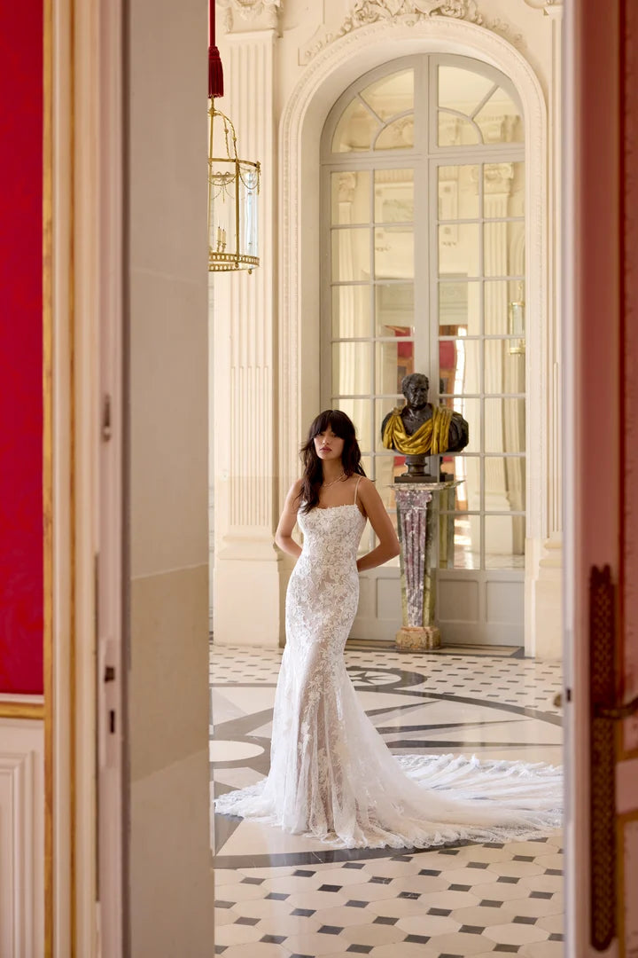 34869-Allover Lace Fit and Flare with Scalloped Lace Chapel Length Train