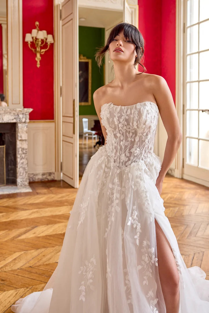 34870-Tulle A-Line with 3D Chiffon Floral Petals and Sequined Lace Appliqués