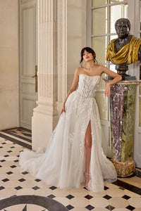 34870-Tulle A-Line with 3D Chiffon Floral Petals and Sequined Lace Appliqués