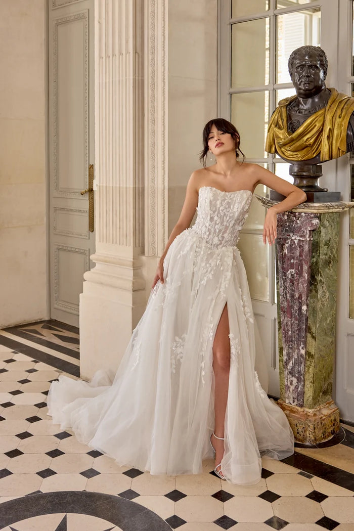 34870-Tulle A-Line with 3D Chiffon Floral Petals and Sequined Lace Appliqués