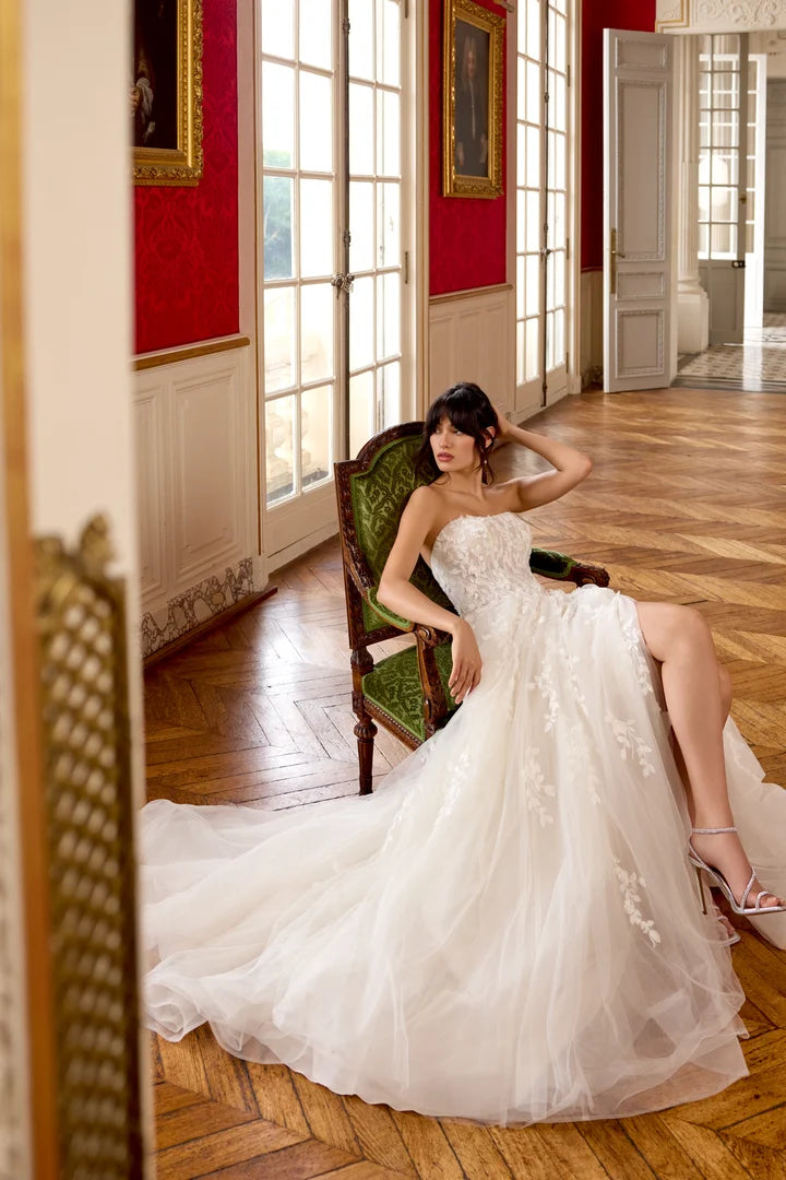 34870-Tulle A-Line with 3D Chiffon Floral Petals and Sequined Lace Appliqués
