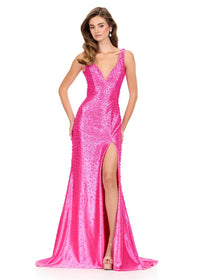 ASHLEYlauren Dress 12194 - V-Neck Long Fitted Gown with Slit