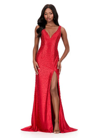 ASHLEYlauren Dress 12194 - V-Neck Long Fitted Gown with Slit