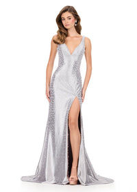 ASHLEYlauren Dress 12194 - V-Neck Long Fitted Gown with Slit