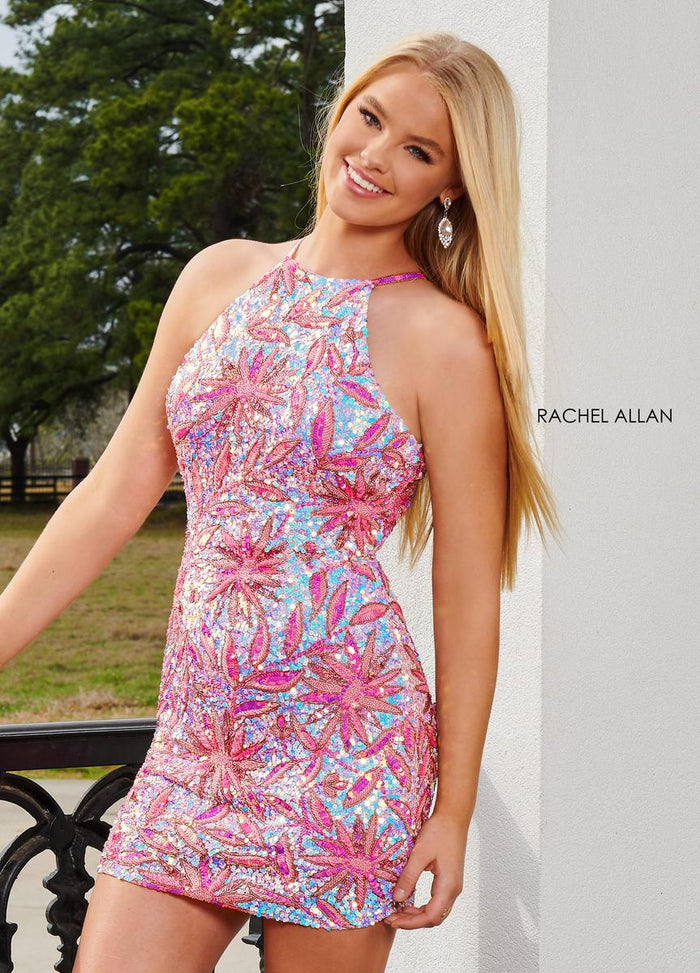 Rachel Allan 40221 Halter Neck Short Fitted Dress with Embellishments