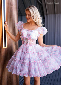 Rachel Allan 40408 Floral Short Dress with Ruffled Sleeves