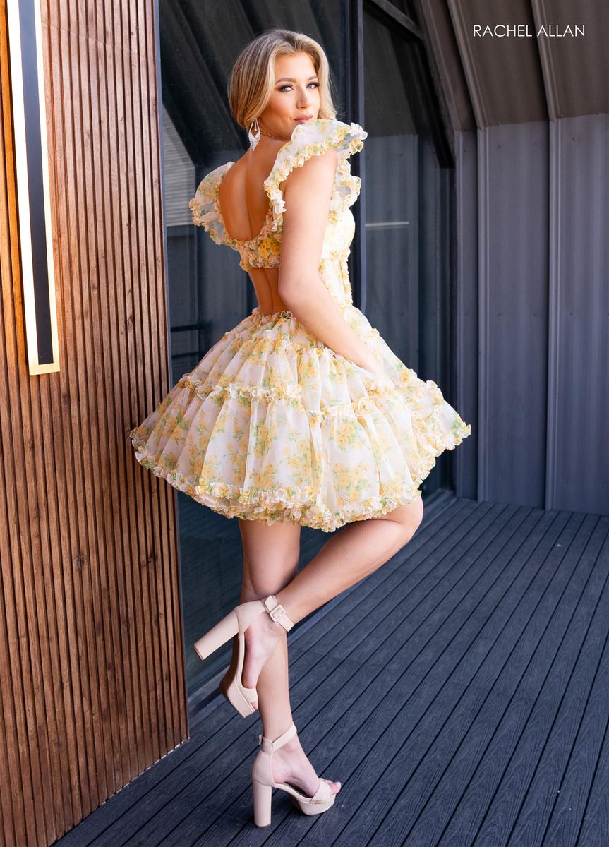 Rachel Allan 40408 Floral Short Dress with Ruffled Sleeves