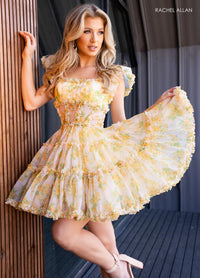 Rachel Allan 40408 Floral Short Dress with Ruffled Sleeves